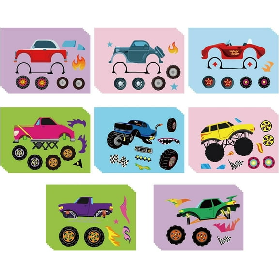 1set 48 Sheets 8 Styles Monster Truck Make Your Own Stickers Cartoon Make A Face Car Sticker Self Adhesive Decals for Monster Truck-Themed Birthday Party Decorations Favors Supplies Mixed Color