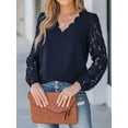 thumbnail image 6 of Women Lace Elegant Blouse Long Sleeve Eyelet V Neck Dressy Party Floral Tops Scalloped V Neck Navy Blue XXL, 6 of 9