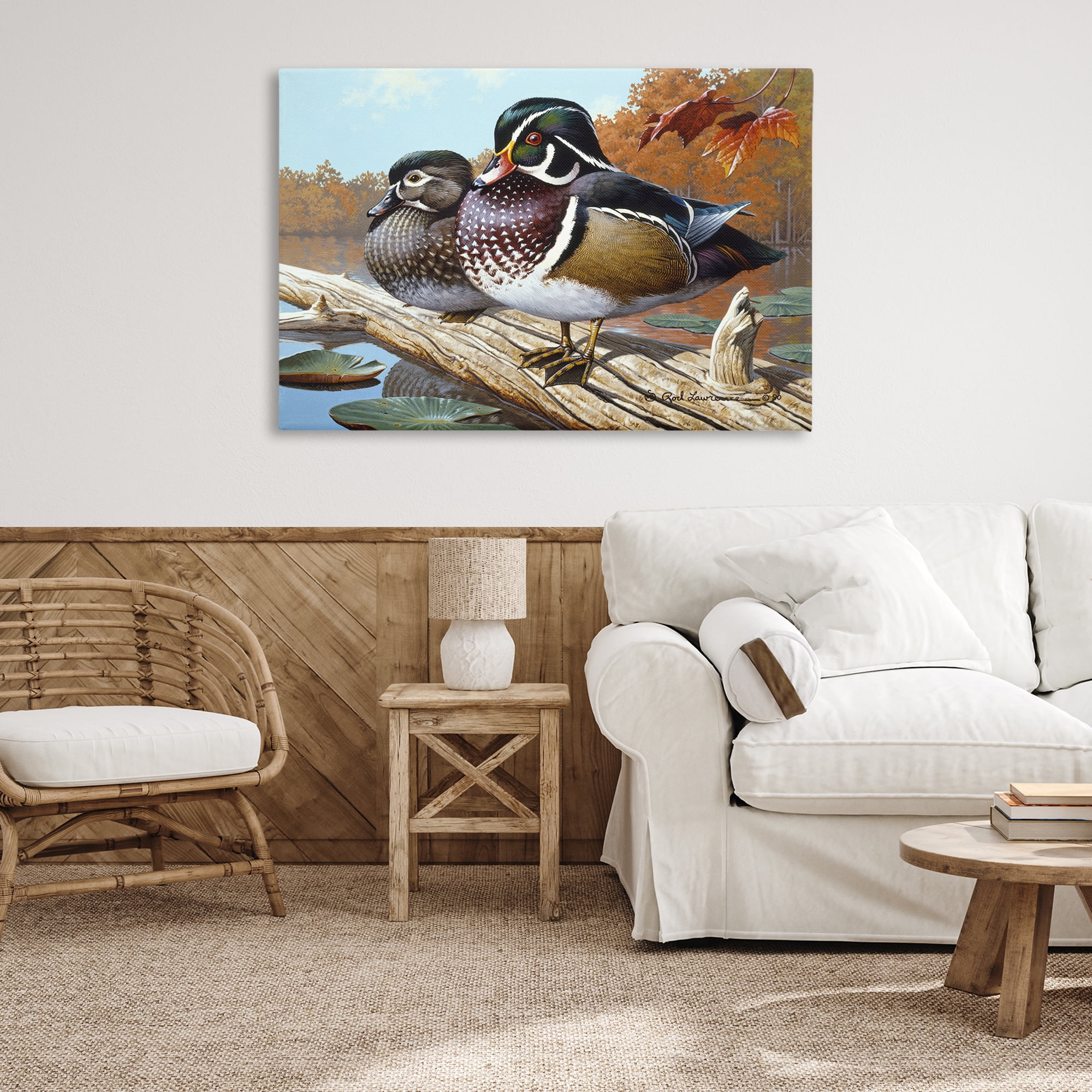 Stupell Industries Duck Pair on Driftwood Animals Painting Wrapped Canvas Art Print Wall Art, 45 x 30