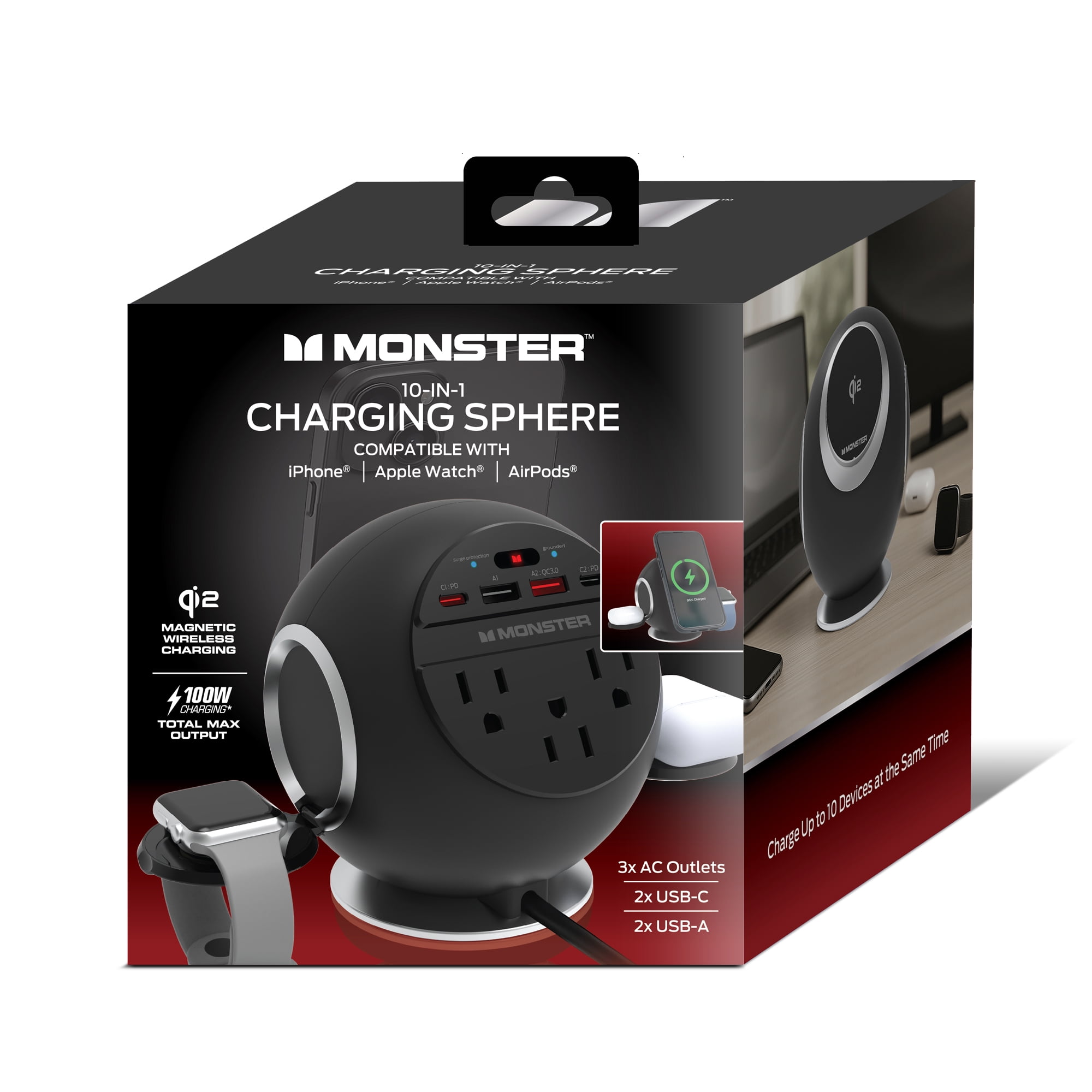Monster 10-in-1 Charging Sphere Desktop Charging Station with Qi2 Magnetic Wireless Charging, 3 AC Outlets, 2 USB-C, 2 USB-A, Apple Watch & AirPods Charging Pads, 100W Total Output