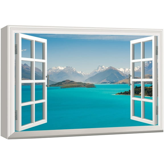 wall26 Canvas Print Wall Art Window View Landscape Ocean & Mountain Ranges Nature Wilderness Photography Modern Art Rustic Scenic Colorful Multicolor for Living Room, Bedroom, Office - 16"x2