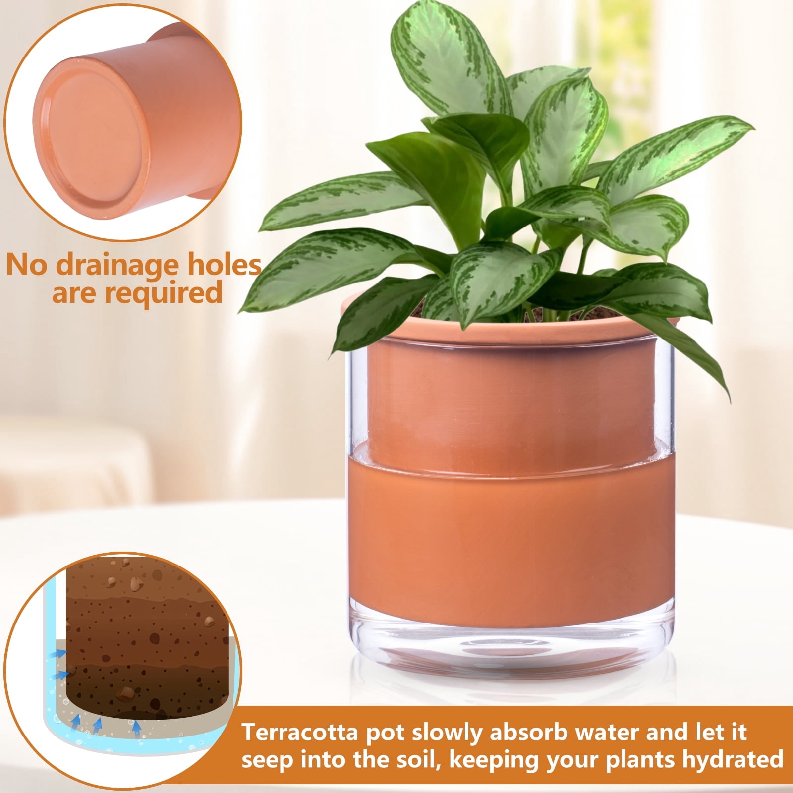 BUYMAX 6" Self-Watering Terracotta Pots with Glass Reservoir, Indoor Clay Planter with Slow-Release Moisture Design for Succulents Herbs