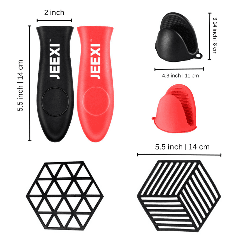 Silicone Hot Handle Cover + Potholders + Oven mitts, Cast Iron Skillets  Sleeve Grip Cover Red & Black 