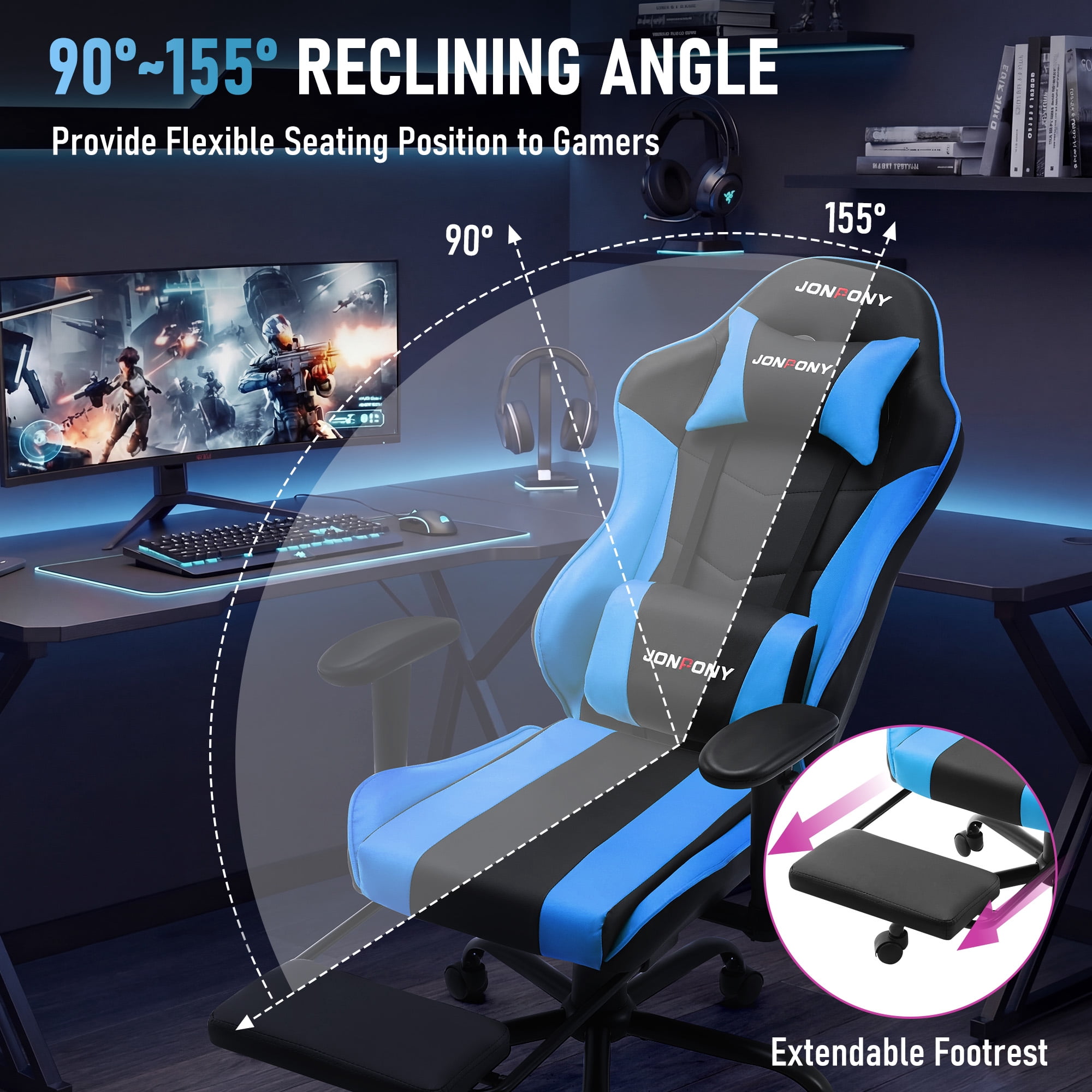 JONPONY Big and Tall 500LBS Gaming Chair with Footrest and Lumbar Support, High Back Ergonomic Recliner,Height Adjustable Leather Computer Desk Chair for Home Office, BLue