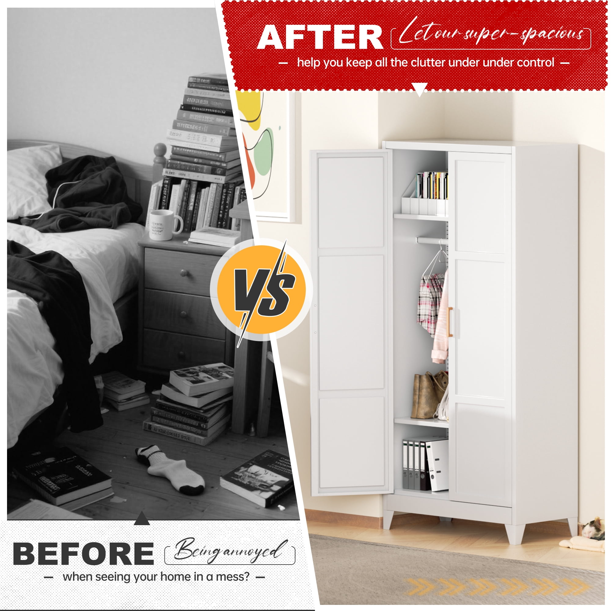 SUNCROWN Metal Wardrobe Cabinet with Wooden Handle, 72" Metal Wardrobe Closet with Hanging Rods and Adjustable Shelves, Steel Storage Locker Closet for Home, Office, Employee, Gym (White)