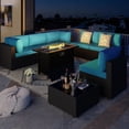 thumbnail image 3 of Walsunny 8 Pieces Patio Wicker Rattan Fire Pit Furniture Conversation Sets with Outdoor Sectional Sofa,45" Gas Propane Fire Pit Table,Glass Coffee Table,Black Rattan Aegean Blue Cushion, 3 of 12