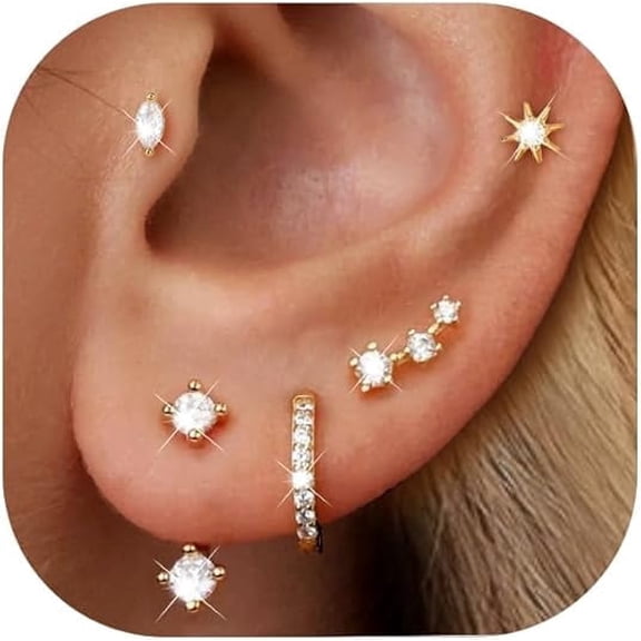 14K Gold Plated Stud Earrings for Women, Hypoallergenic Cartilage Earrings for Multiple Piercing, Dainty Small Stackable Earrings Set for Jewelry Gift