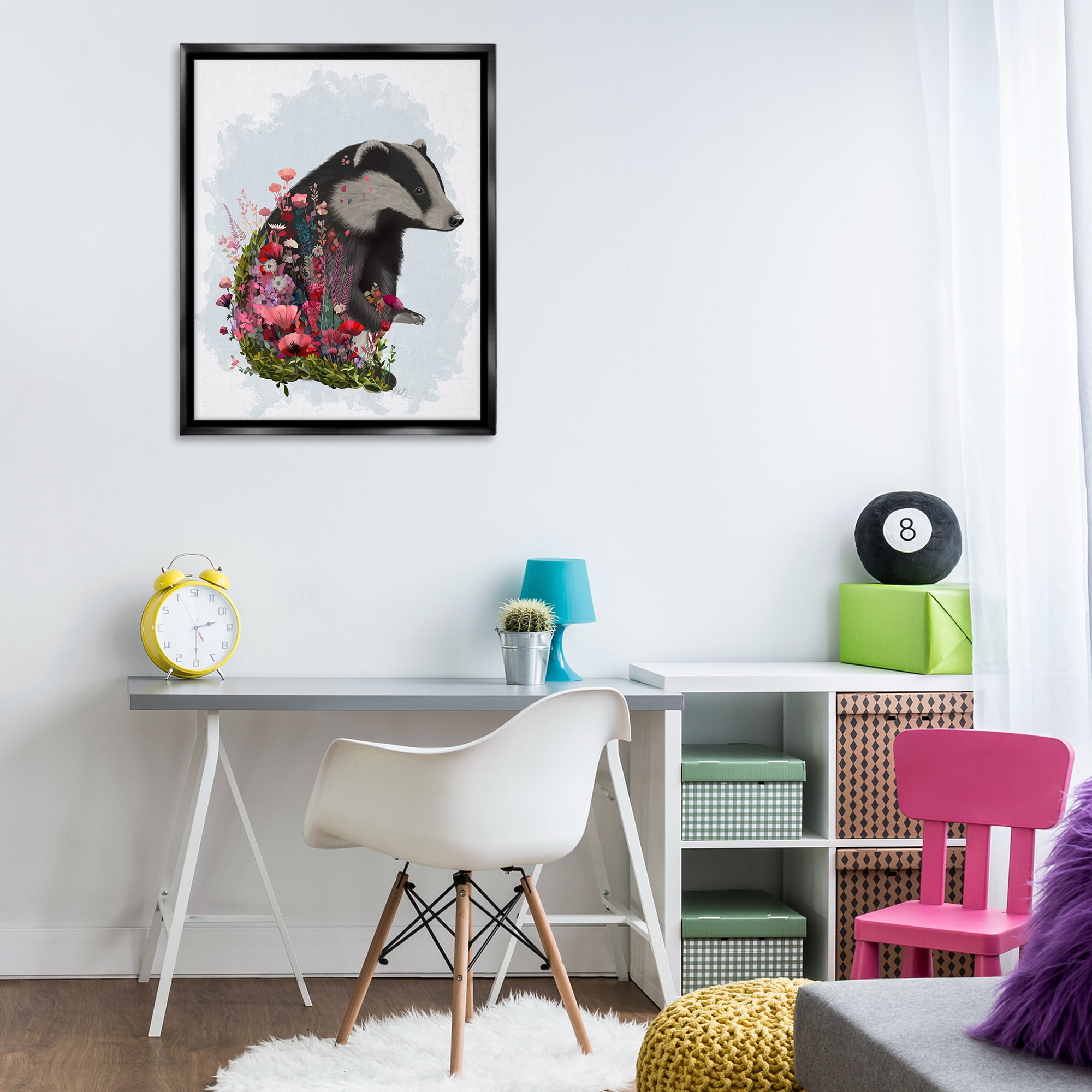 Stupell Industries Badger with Garden Blooms Botanical & Floral Painting Black Floater Framed Canvas Art Print Wall Art, 25 x 31