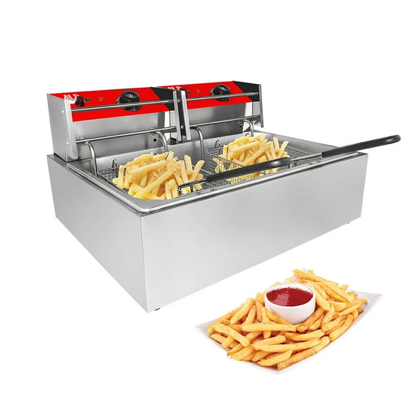 ALDKitchen Double Deep Fryer | 2-Basket Electric Fryer for Commercial Use | Cooking, Frying and Warming | Stainless Steel | 12 L Capacity | 110V