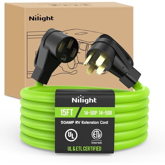 Nilight 15FT 50 Amp RV Extension Cord 250V Heavy Duty 6/3 8/1 Gauge Pure Copper STW Wire UL ETL Listed 4 Prong 14-50P 14-50R Weatherproof Suit for EV Trailer Campers Bright Green