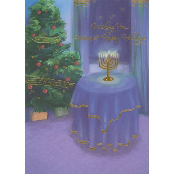 Designer Greetings Wishing You Warm and Happy Holidays: Gold Menorah on Table Blue with Tablecloth Box of 15 Interfaith Holiday Cards