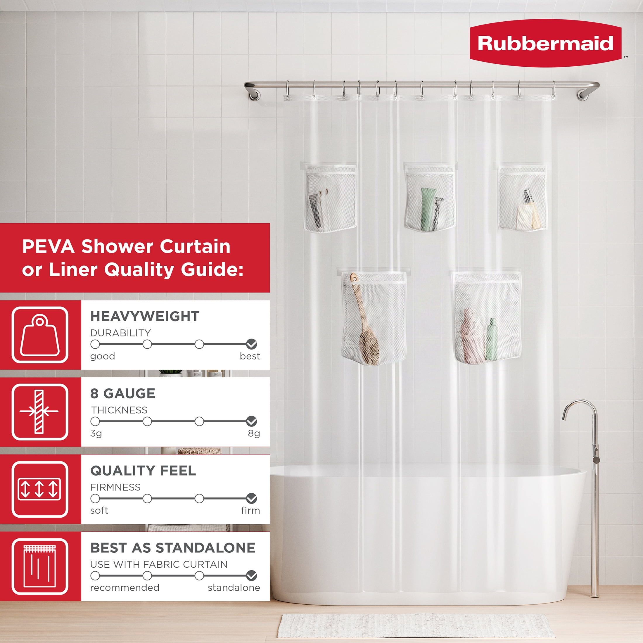 Rubbermaid Clear Heavyweight Waterproof PEVA Shower Curtain Liner with Storage Pockets, BPA-Free, 70 x 72 Inches