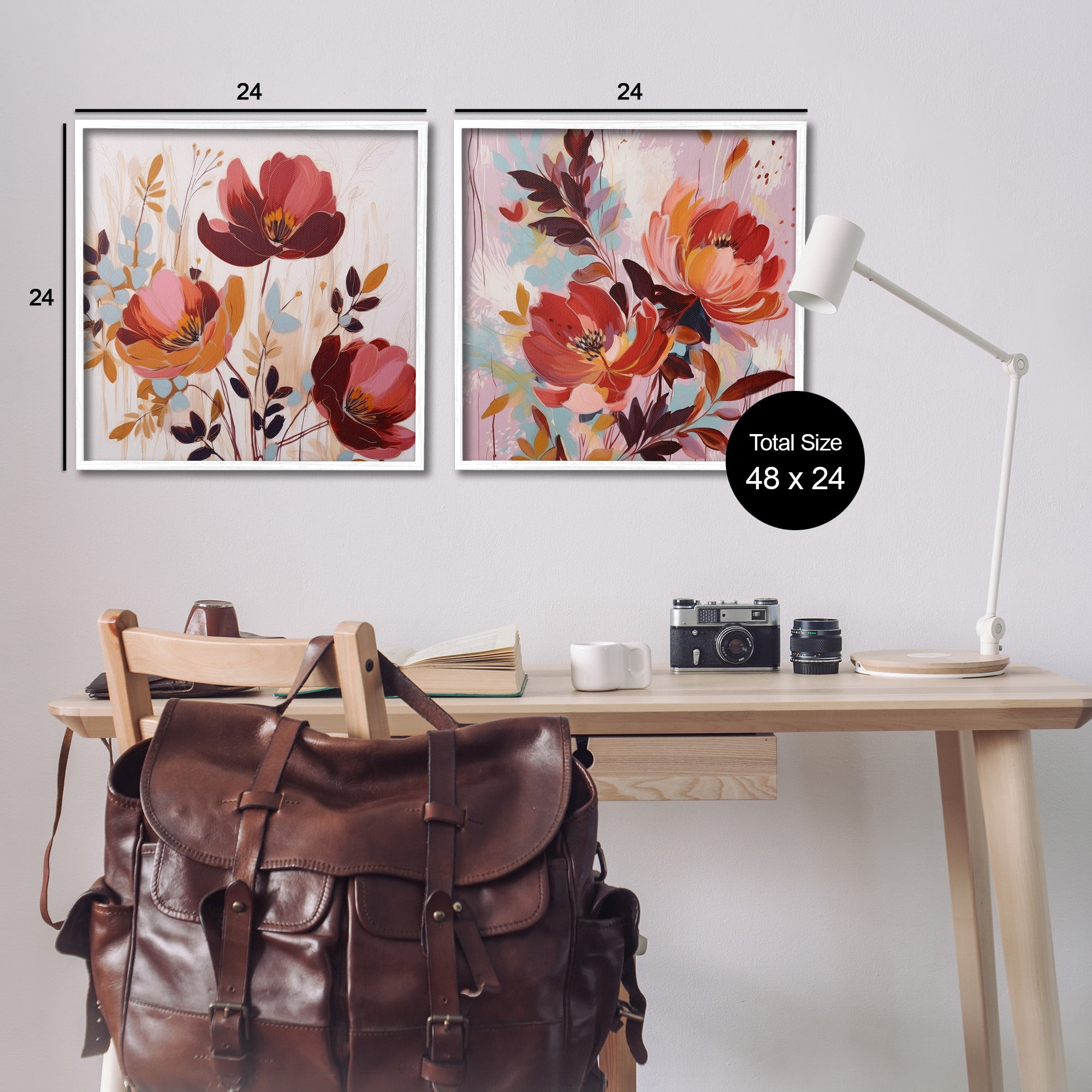 Stupell Industries Red Modern Flowers Botanical & Floral Painting White Framed Art Print Wall Art, 24 x 24, Set of 2