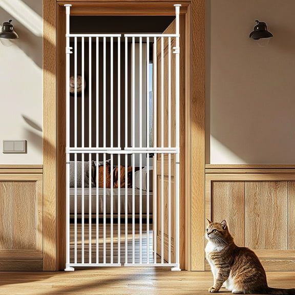 ABORON Extra Tall Pet Gate 74.8" High Adjustable 33.4-35.8" Wide No Drilling Pressure Mounted, Walk Through Swing Safety Metal Gate for Cats Dogs, Double Door for Indoor Stairs, Doorways, Kitchen