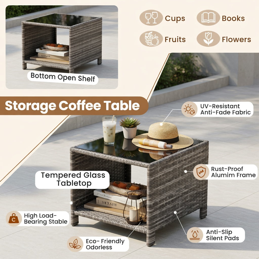 Hommoo 3-Piece Outdoor Patio Furniture Set, PE Rattan Sofa Set with Tempered Glass Coffee Table, Removable Cushions, Heavy-Duty Metal Frame, Black
