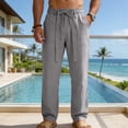 thumbnail image 2 of ‌Men's Linen Pants Lightweight Drawstring Elastic Waist Pockets Loose Fit Straight Legs Summer Beach Yoga,XL, 2 of 5