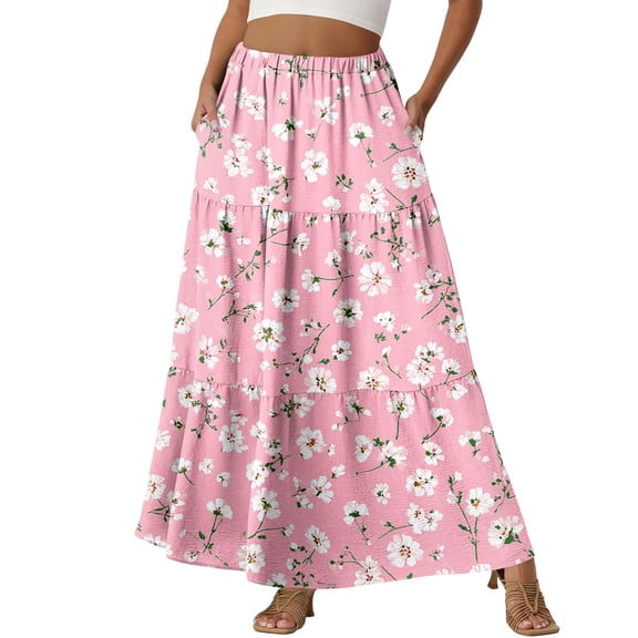 LWavelet Women Cherry Blossom Print Tiered Maxi Skirt Elastic Waist With Pockets Romantic Long Skirt Pink XL