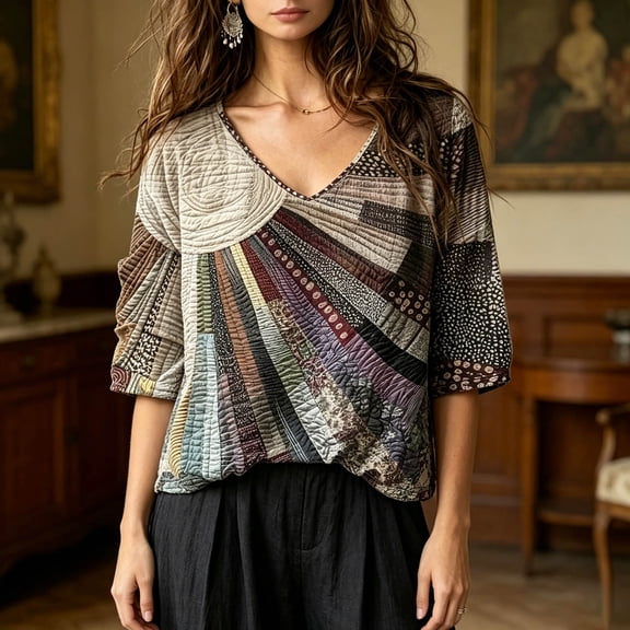 Dolkfu Boho Summer Tops for Women 2026 V-Neck Black Pull-on 3/4 Sleeve Blouses & Tops Abstract Refreshing Patchwork Black,L