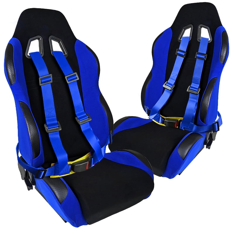SpecD Tuning Jdm Racing Blue Seats W/ 4 Point Harness Racing Seat Belt