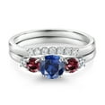thumbnail image 3 of Gem Stone King 10K White Gold Blue Created Sapphire Red Rhodolite Garnet and White Lab Grown Diamond 5 Stone Bridal Engagement Wedding Ring Set for Women (0.95 Cttw, Round: 5MM and 3MM, Size 6), 3 of 6