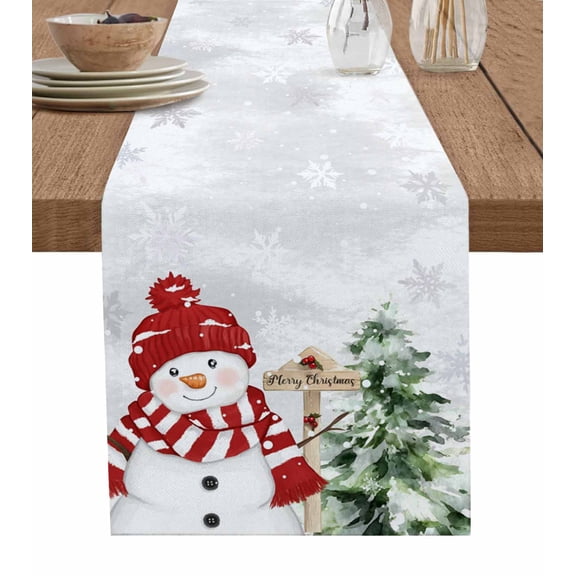 Grey Christmas Table Runner 60 Inches, Winter Vintage Snowman Pine Tree Snowy Bed Runner Dresser Scarves Tabletop for Indoor Outdoor Parties/Ceremony/Banquet, 13" x 60"