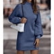 thumbnail image 3 of Vestido suéter ajustado Manga larga linterna Cuello alto Color puro Mini vestido suéter acanalado para mujer Azul L, 3 of 6