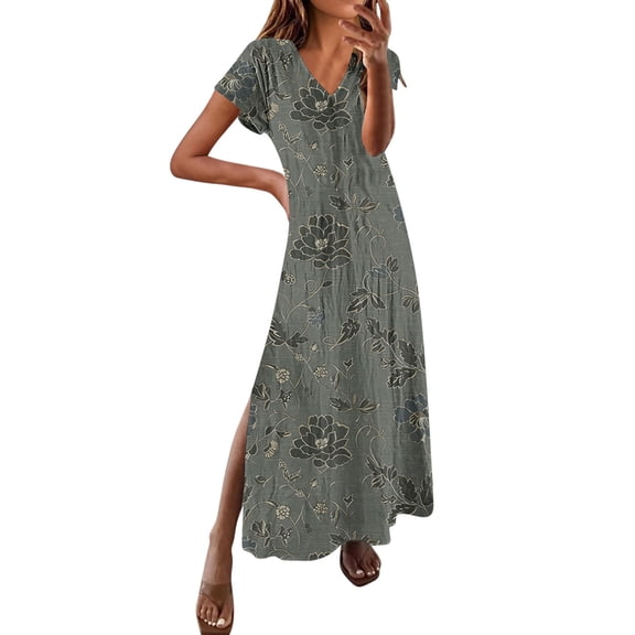 YuXingFu Maxi V Neck Short Sleeve Plus Size Women's Dress Button Wedding Guest Dresses for Women Plus Size Long Casual Summer Multicolor S