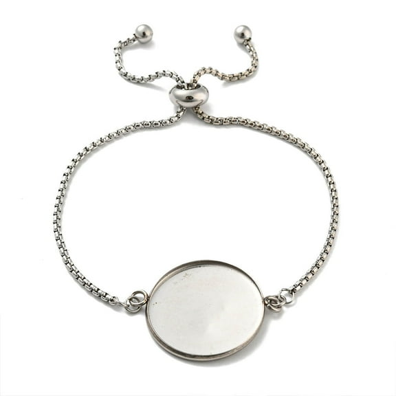 10pcs Non-304 Stainless Steel Round Cabochon Setting Bracelets box Chain Adjustable Slider Bracelets Making Stainless Steel color Tray: 25.5mm 21.9x0.2cm