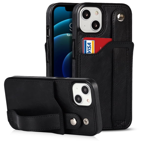 for iPhone 14 Wallet Case with RFID Blocking Card Holder, Hand Wrist Strap Kickstand, Premium PU Leather Shockproof Anti-Scratch Heavy Duty Protection Back Cover Men Women, Black