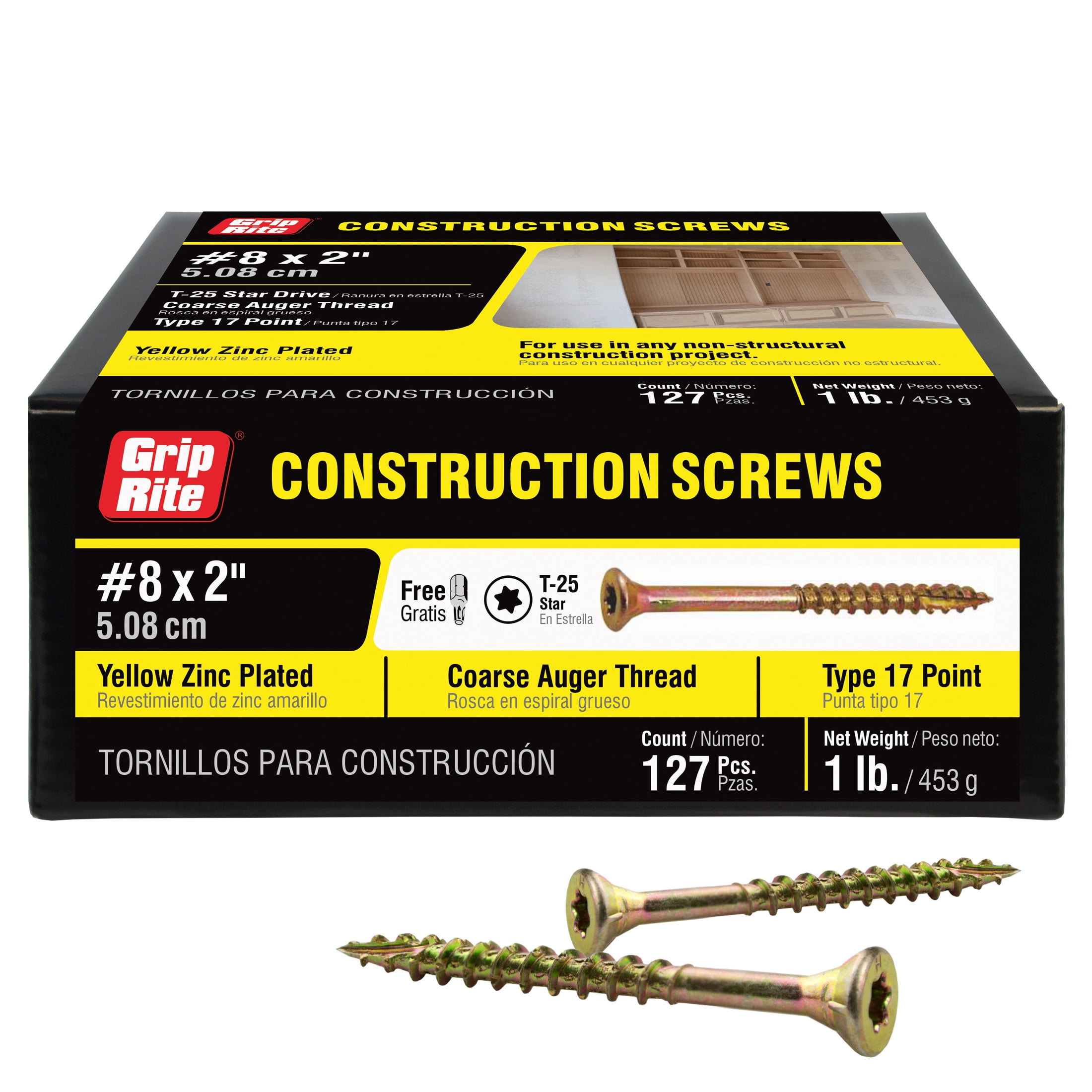 (2 pack) Grip-Rite #8 X 2 in. Star Drive Gold Construction Wood Screw 1lb.