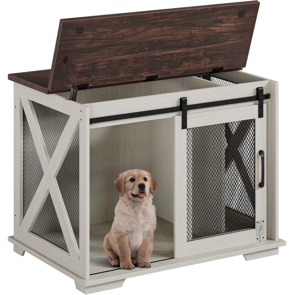 Mueble para Jaula de Perro – Puerta Corredera Estilo Granero – Cierre Seguro – Separadores Ajustables – Acceso Superior – Ideal para Cachorros