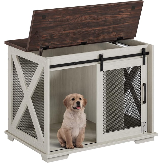 Mueble para Jaula de Perro – Puerta Corredera Estilo Granero – Cierre Seguro – Separadores Ajustables – Acceso Superior – Ideal para Cachorros