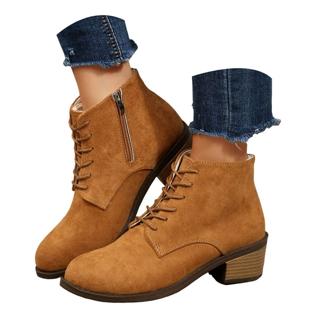Leozcaa Bottines à Talon Moyen Empilées avec Fermeture Éclair pour Femmes, Lacets Confortables