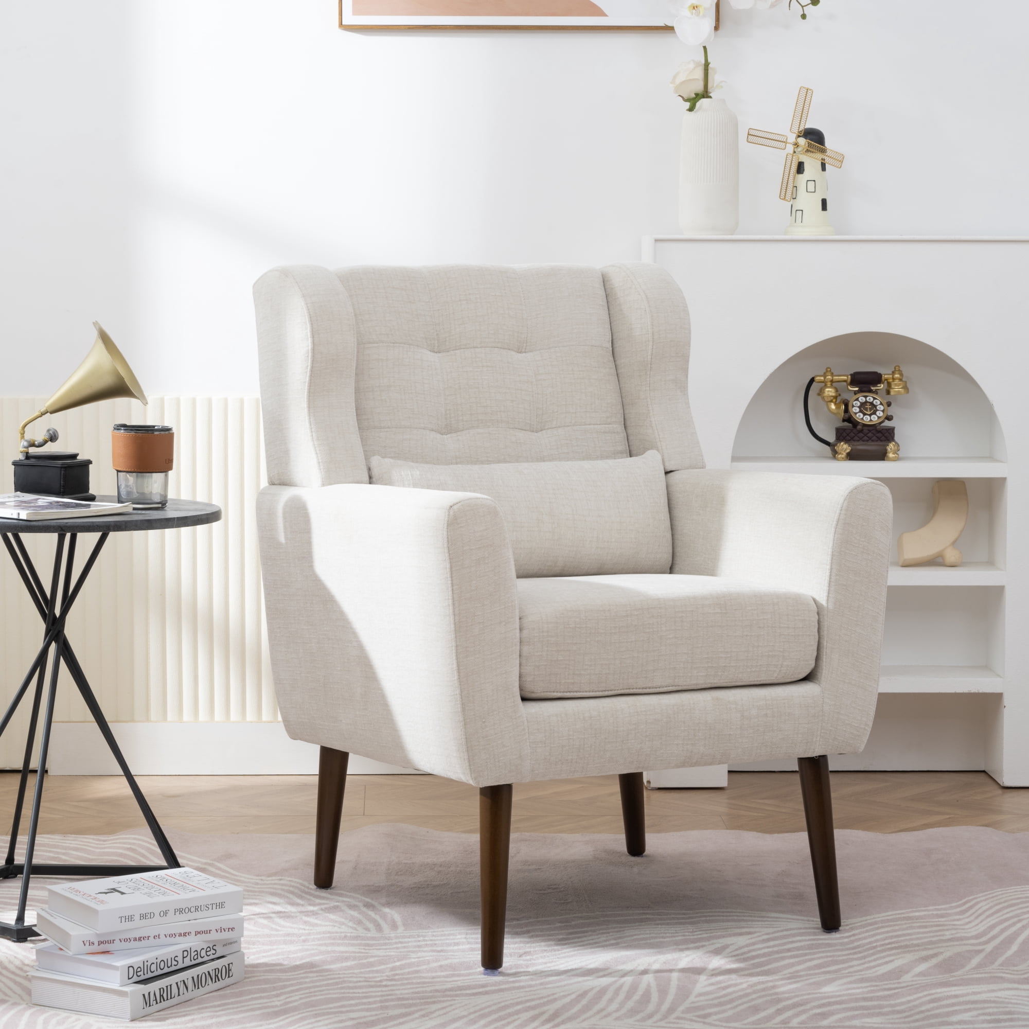 Leumius Modern Accent Chair with Solid Wood Leg, Chenille Armchair with Pillow, Comfy Soft Padded Lounge Chair for Small Space, Bedroom, Living Room Beige