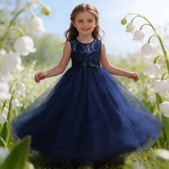 ITSAME Girls Tutu Dress, Waist-Cinching Puffy Tulle Round Neck Kids Wedding Party Pageant Gown Blue 9-10T