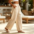 thumbnail image 6 of TtopsQueen Women Textured Loose Casual Pants, Elastic Drawstring High Waist Trousers with Side Pockets, Roll Cuff Breathable Vacation Wide Leg Beach Bottoms Beige,XXL, 6 of 8