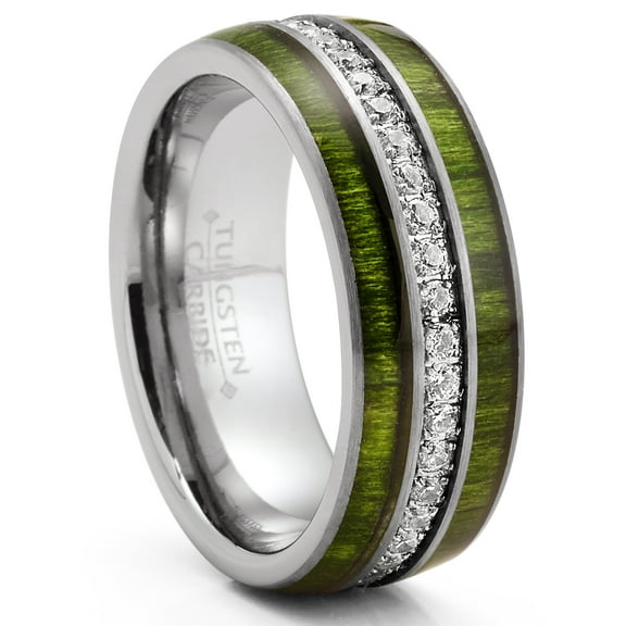 Metal Masters Mens Tungsten Carbide Wedding Band Green Jade Wood Cubic Zirconia Eternity Ring Comfort-Fit 8mm