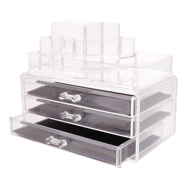 GoDecor Clear Plastic Acrylic Makeup Case Cosmetic Organizer 3 Drawers Holder Jewelry Lipstick Storage Box