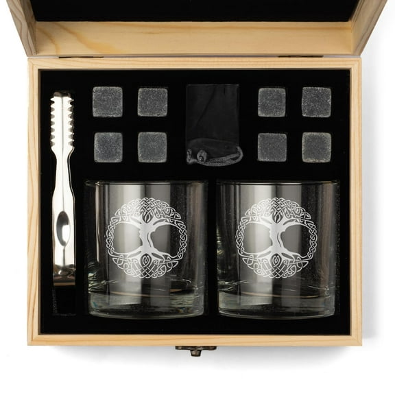 Whiskey Glass Gift Box Set with Whiskey Stones and 2 Rocks Glasses Celtic Tree of Life Irish