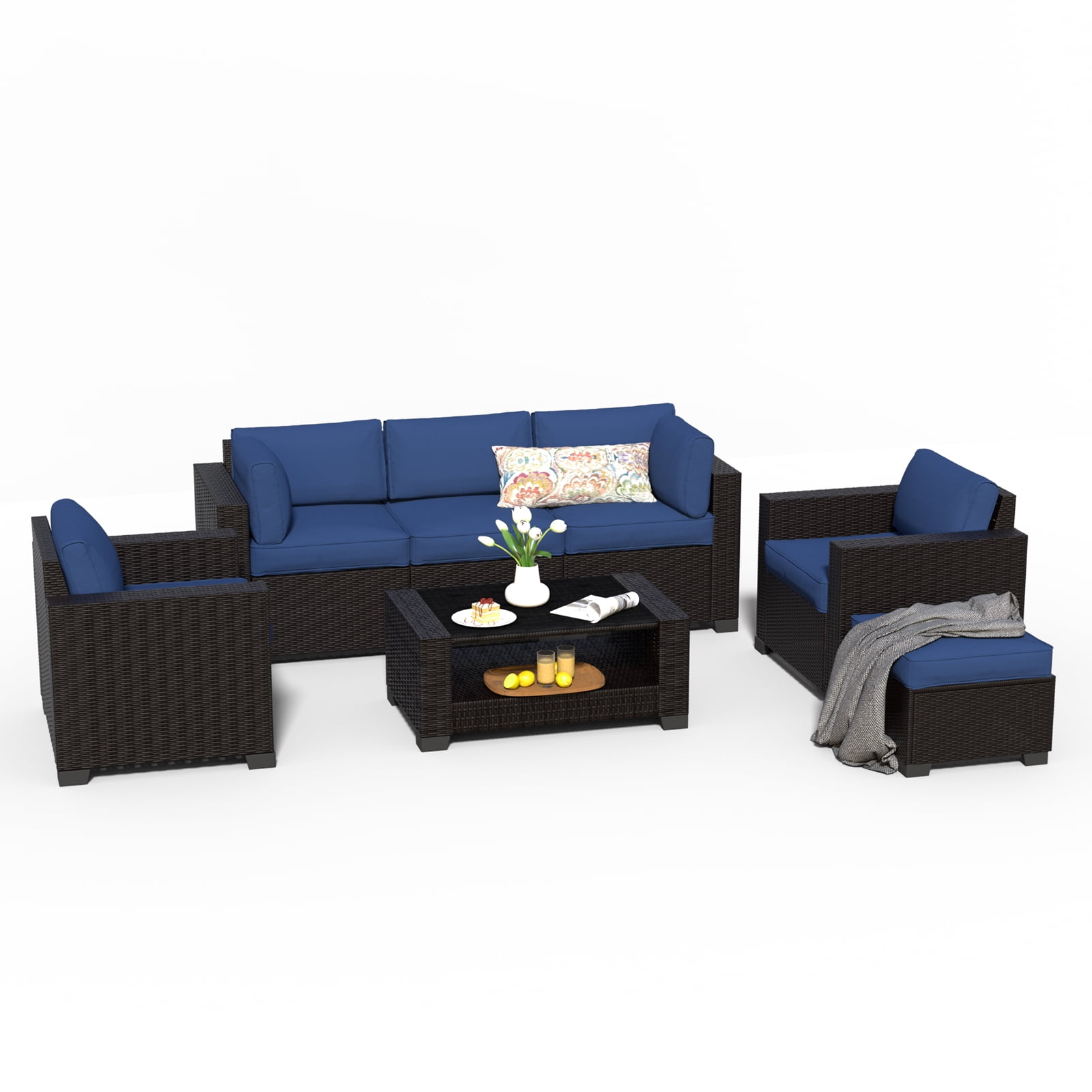 SHGJ&SOFT 7 Piece Patio Furniture Set, Wicker Outdoor Sectional Sofa with Washable Cushion Covers and Tempered Glass Table, Rattan Conversation Set for Poolside, Lawn, Balcony