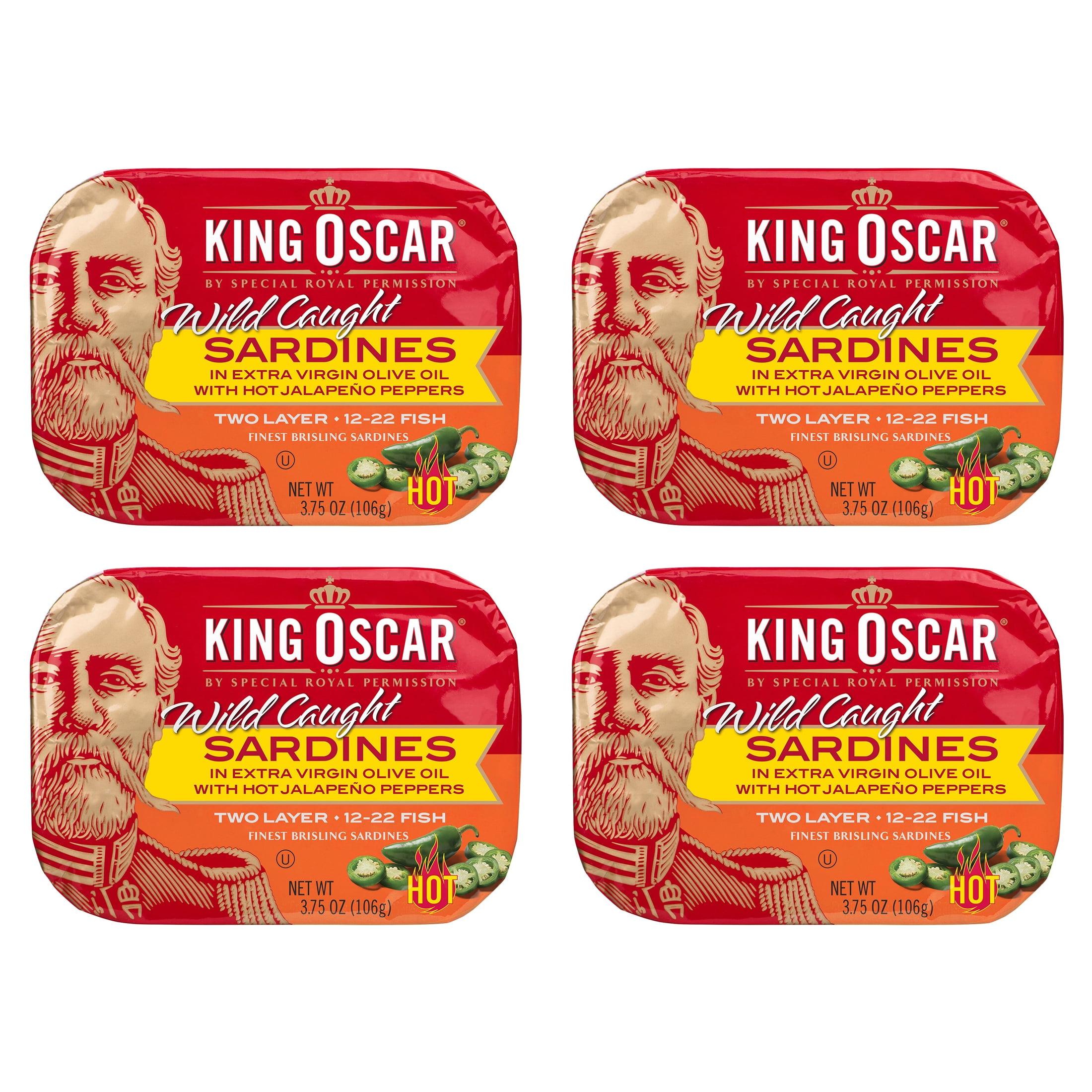 (4 pack) King Oscar Hot Jalapeno Peppers Brisling Sardines in Extra