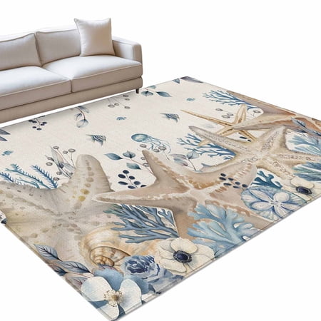 Coastal Marine Life Area Rugs 4x6ft Beige Starfish Blue Plant Leaves Linen Floor Rug Non Slip Low Pile Ultra Soft Throw Carpet for Entryway Indoor Entrance Kitchen Bathroom