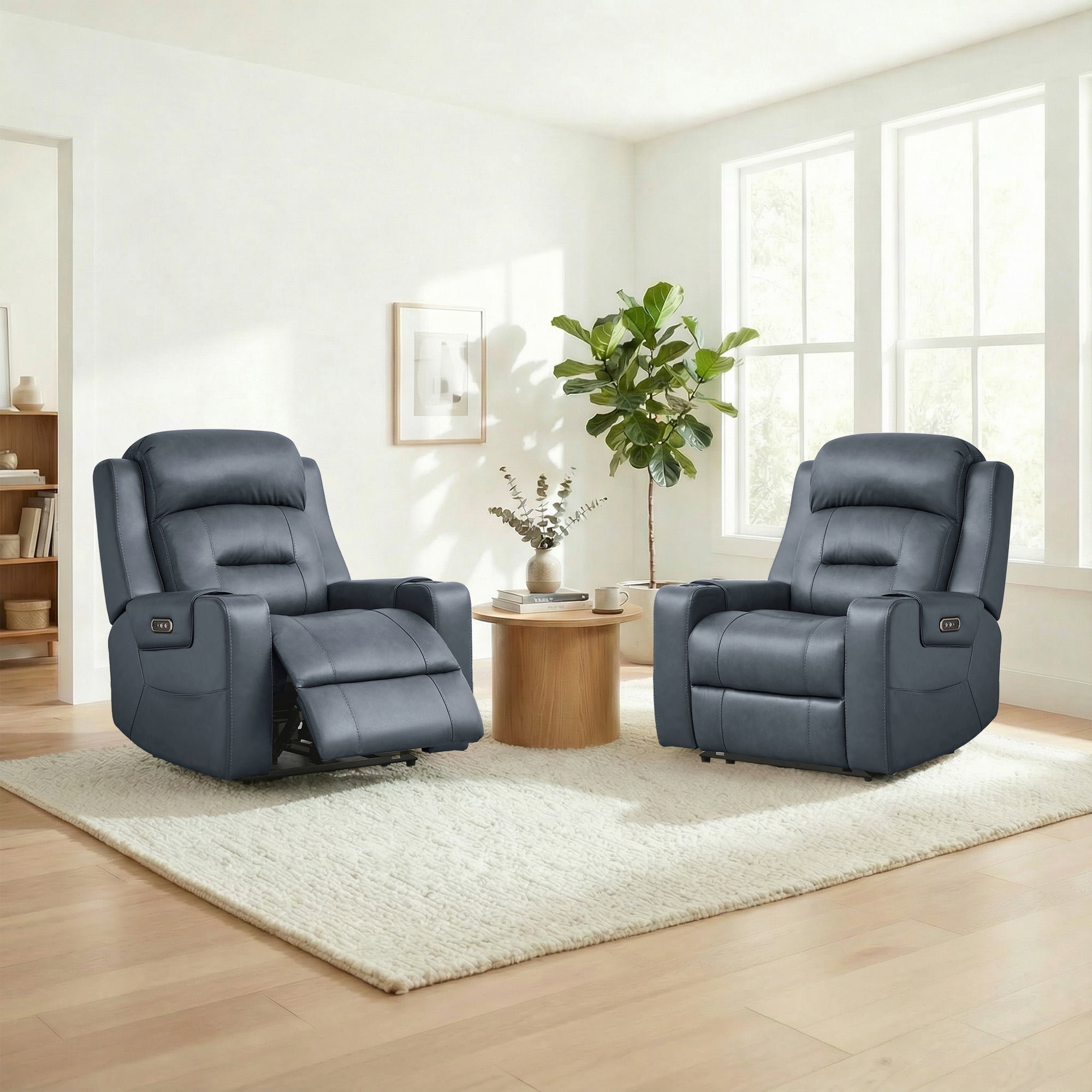 Spruce & Spring Lay-Flat Genuine Leather Power Recliner Chair with Headrest, Navy