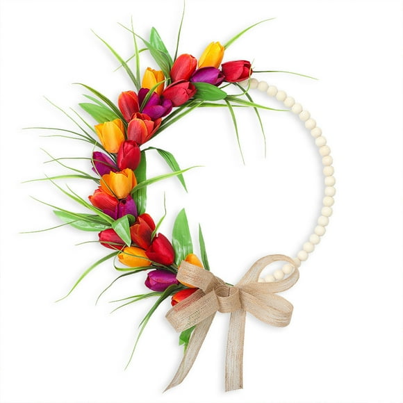 Corona de Tulipanes Artificiales de Pascua con Perlas de Madera para Puertas Y Paredes