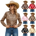 thumbnail image 3 of Western Shirts Womens Cowboy Cowgirl Button Down Country Style Shirt Floral Embroidery Long Sleeve Brown Tops M, 3 of 3