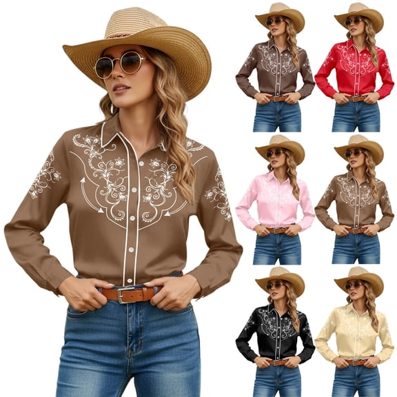 Western Cowgirl Cowboy Shirts for Women Country Style Button Down Shirt Long Sleeve Floral Embroidery Snap Black Tops L