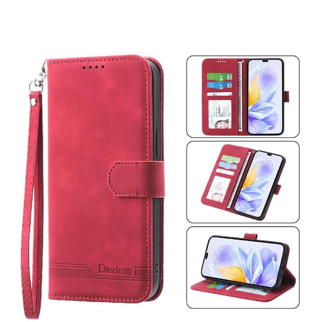 Funda Tipo Billetera para Honor 400 Carcasa Abatible con Porta Tarjetas, Bolsillo para Efectivo, Soporte Ajustable, Cierre Magnético y Correa de Muñeca Rojo