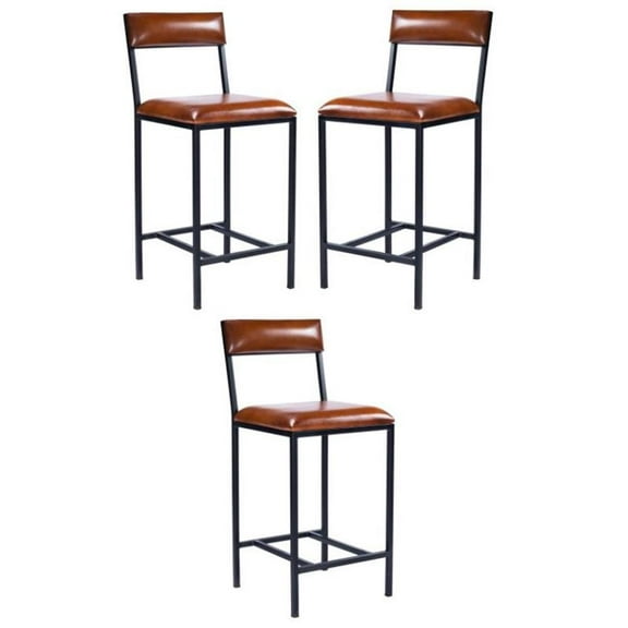 Home Square Leather & Metal Counter Stool in Brown - Set of 3