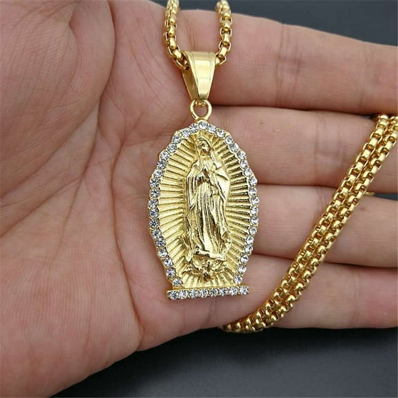 Iced Out Bling Virgin Mary Gold Necklaces Pendants For Women 14K Yellow Gold Religious Christian Jewelry