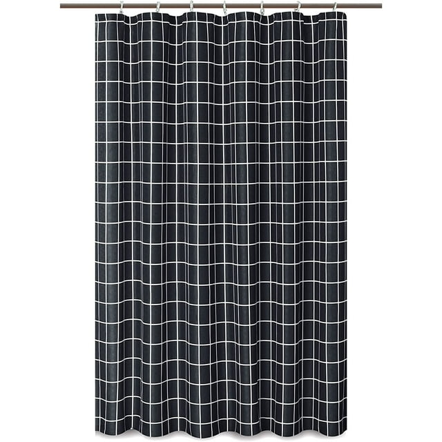 Extra Long Textured Fabric Shower Curtain 72" Width by 84" Length, Black Checkered Printed Bathroom Curtain, Machine Washable